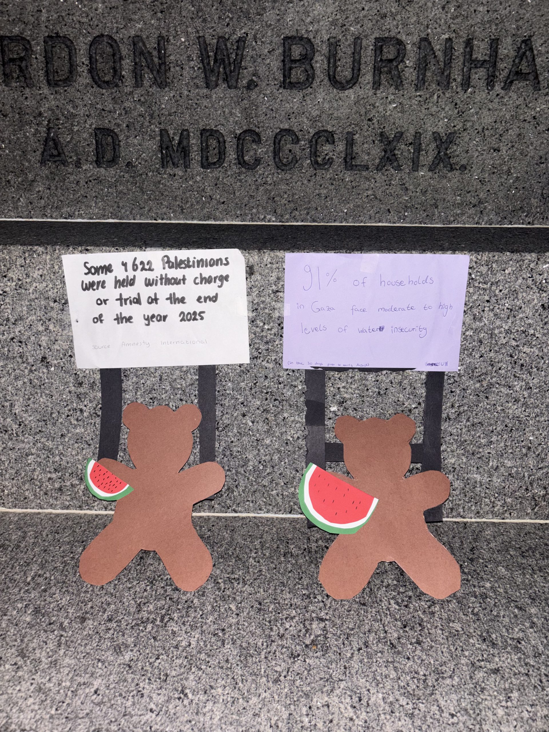 The Informational Teddy Bears Posted by the Concerned Student Group. Photo Credit: Tripod Staff.